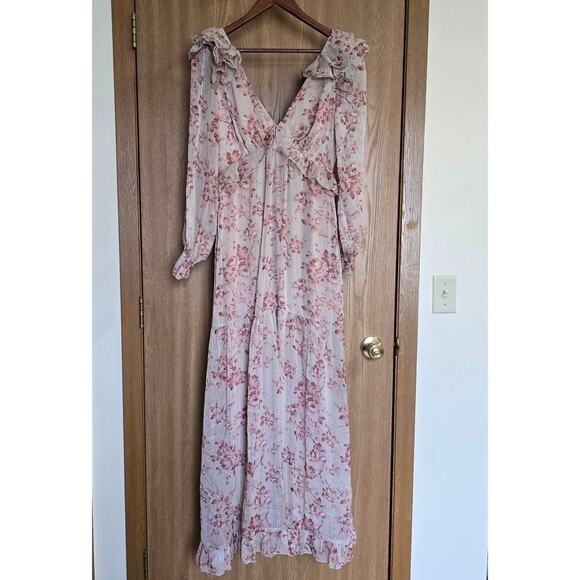 Aakaa Floral Long Sleeve Deep V Tiered Maxi Dress - Picture 1 of 10